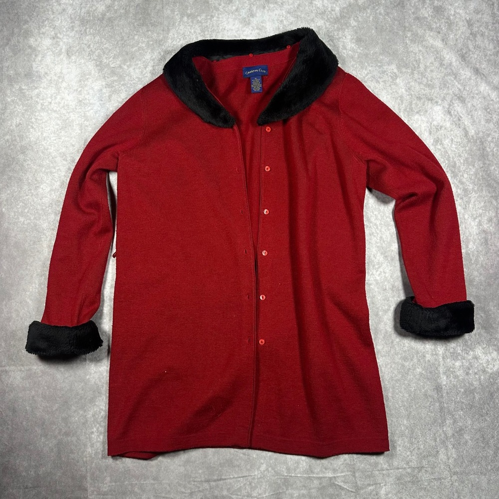 Charter Club Red Wool Blend Faux Fur Collar Button Front Cardigan Sweater XL